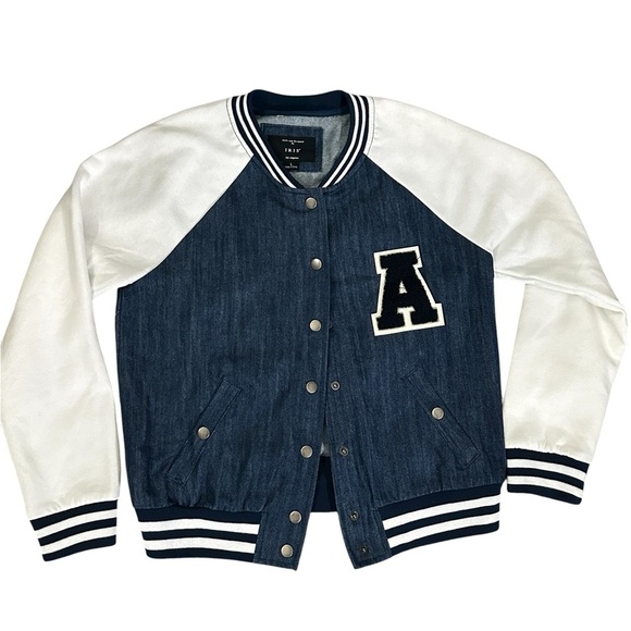 IRIS LETTERMAN Varsity Jean Bomber Jacket sz L A282 - Picture 1 of 5